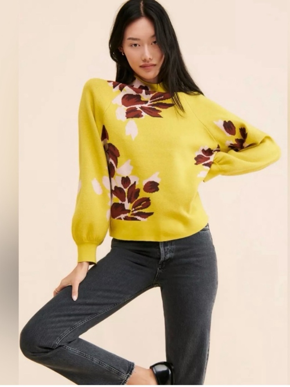 Anthropologie The Beatriz Mock Neck Sweater Chartreuse Floral Size XS